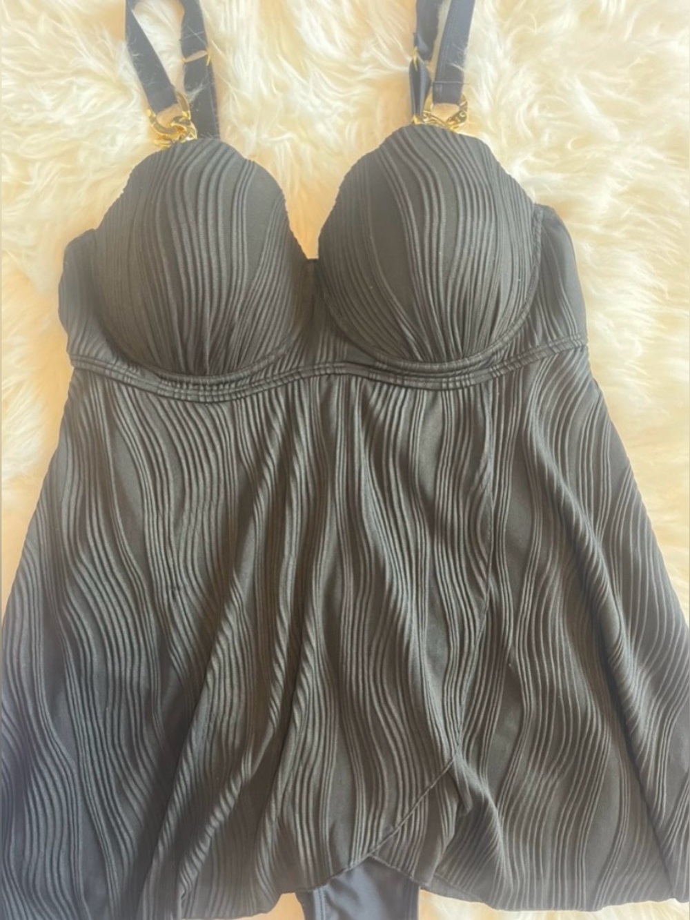 Brand unknown, black ribbed swim dress with attached panty. XL
